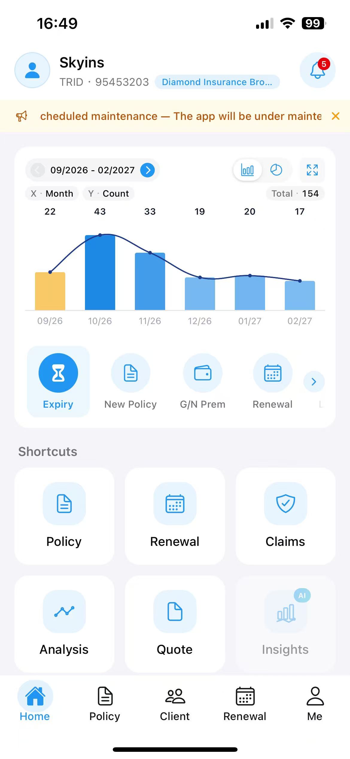 Skyins App home dashboard