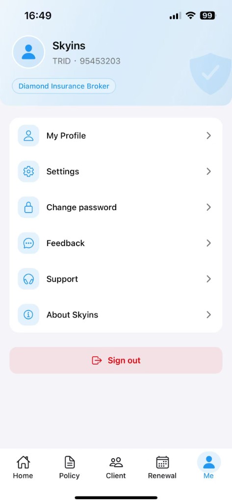 Skyins App profile